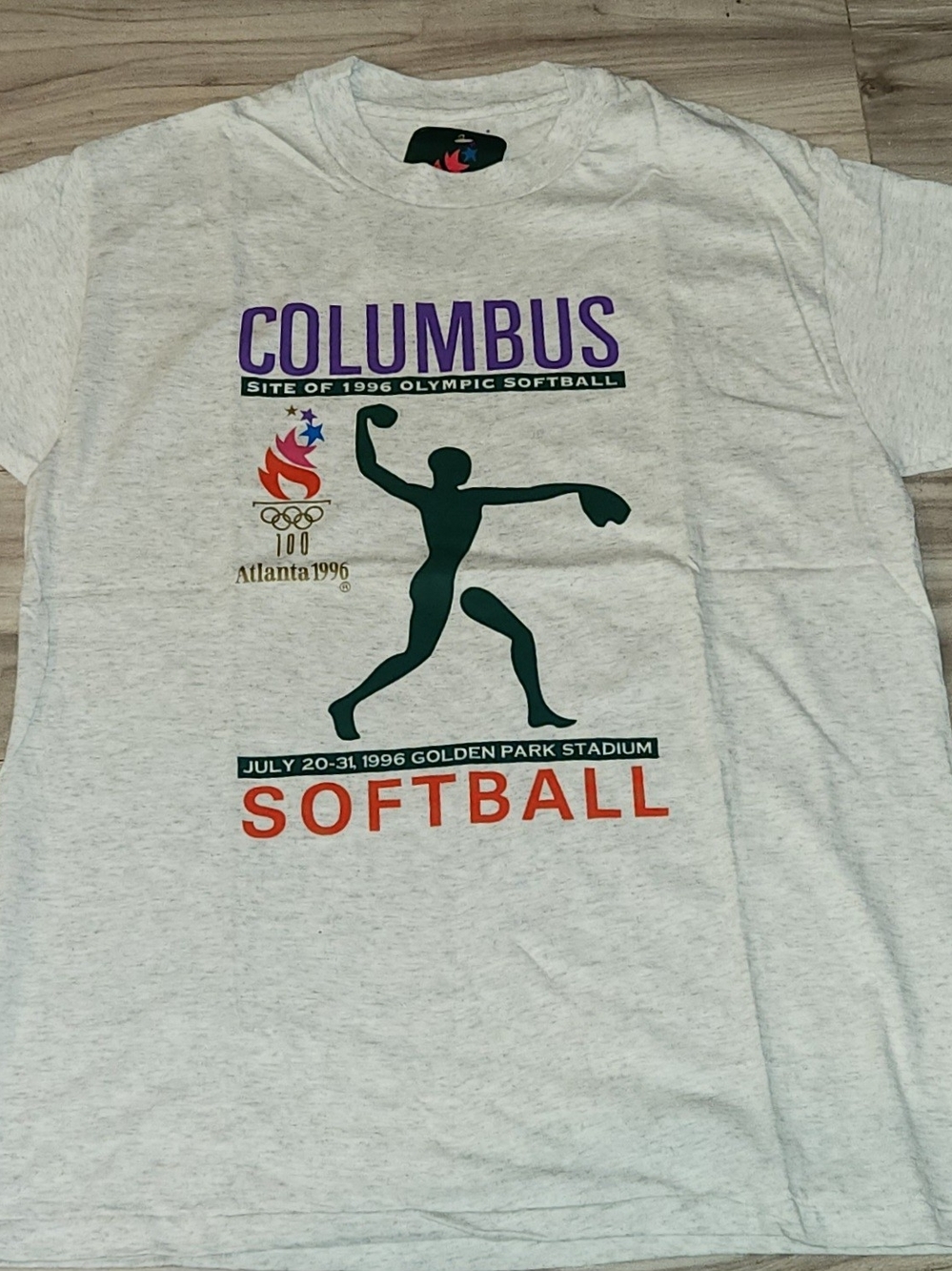 Vintage 1996 Champion Atlanta Olympics Softball Fraphic T-Shirt Heather Gray XL